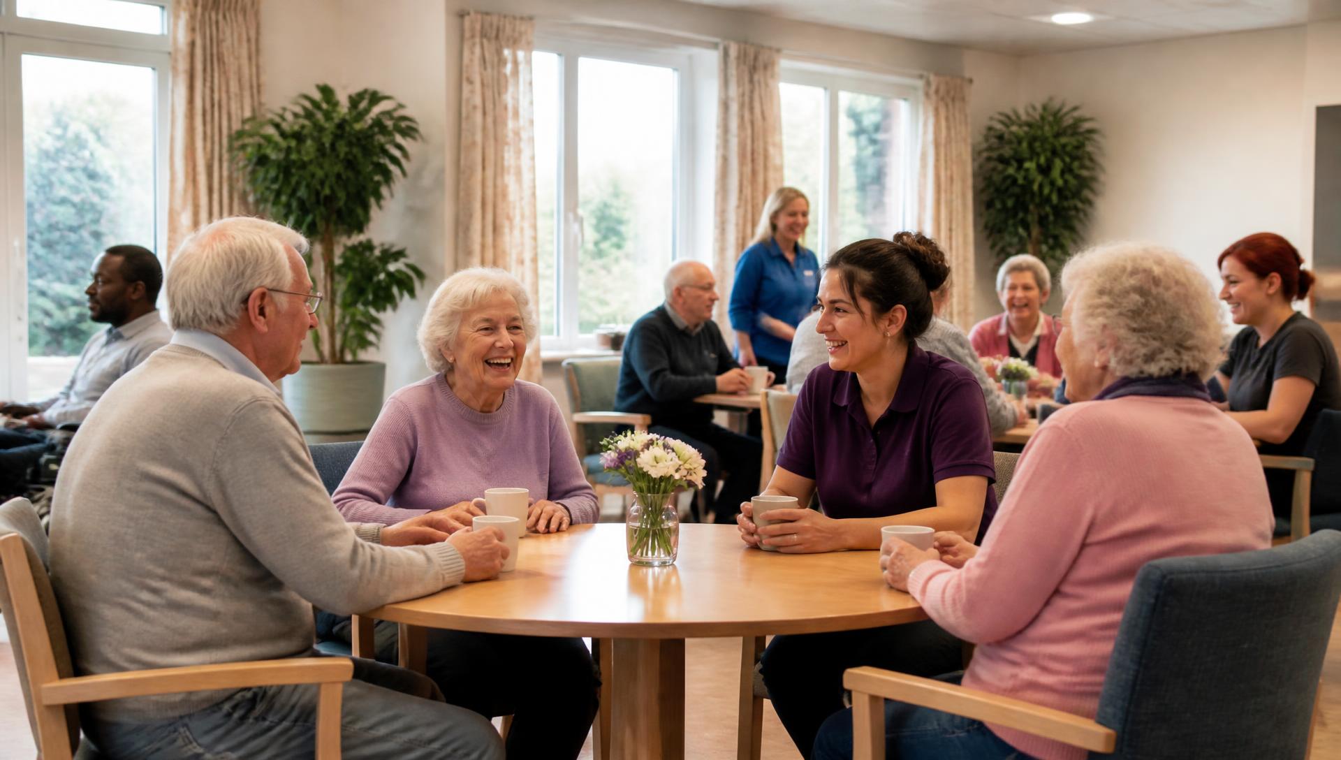 Bezoekers en medewerkers drinken samen koffie in de ontmoetingsruimte van het buurthuis